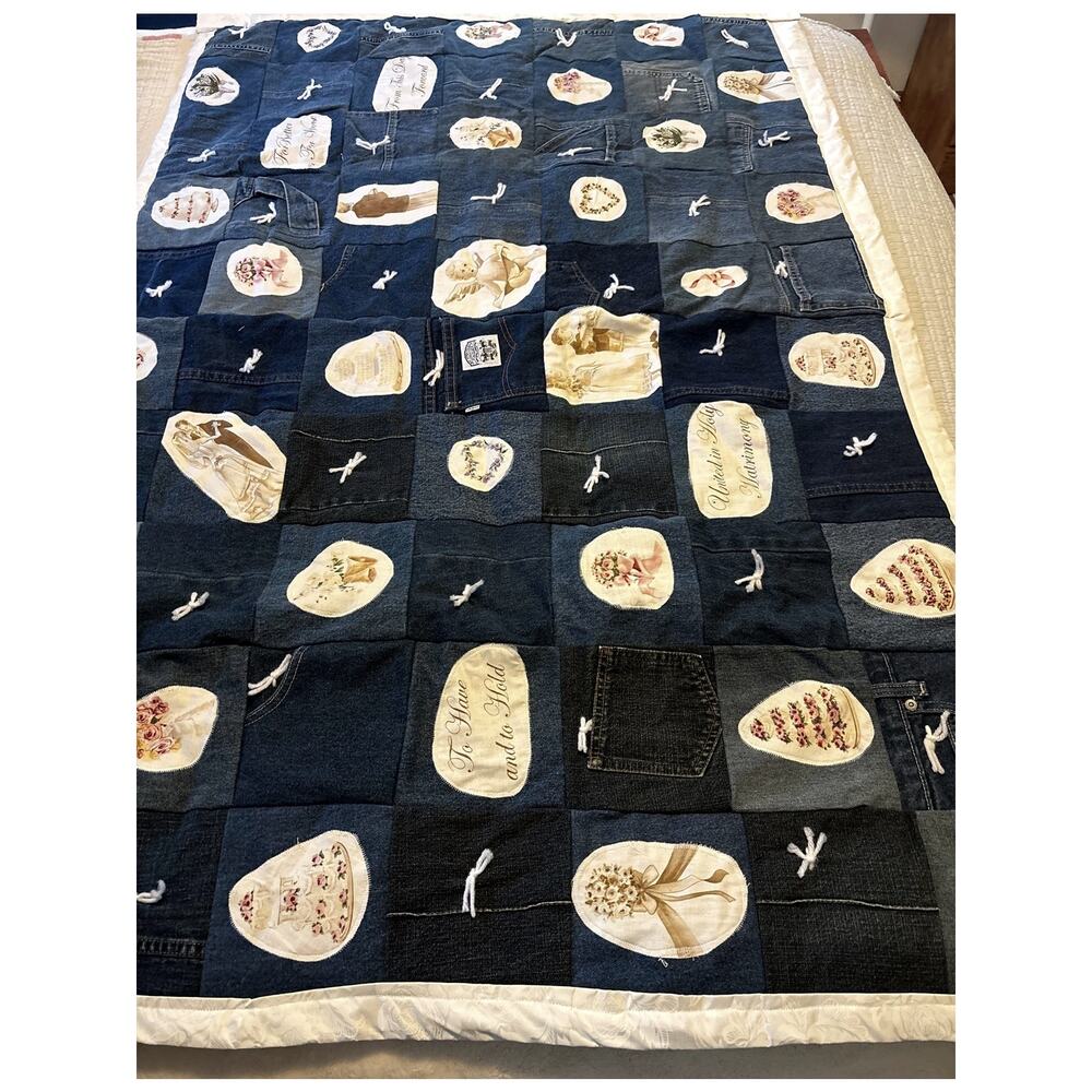 Quilt Denim Patchwork Blanket/Throw Handmade Bridal Shower, Wedding Gift
